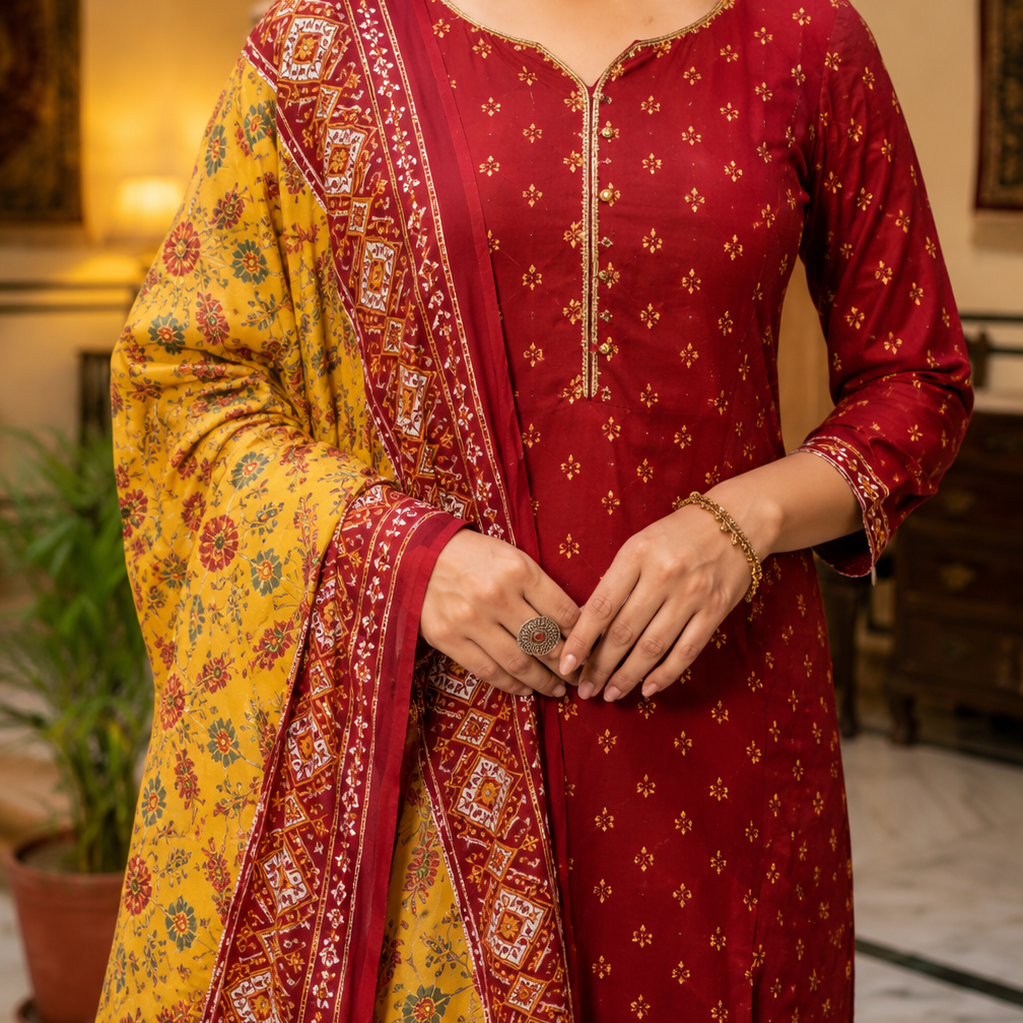 Ruby Red Heritage Anarkali with Bandhani Print Dupatta