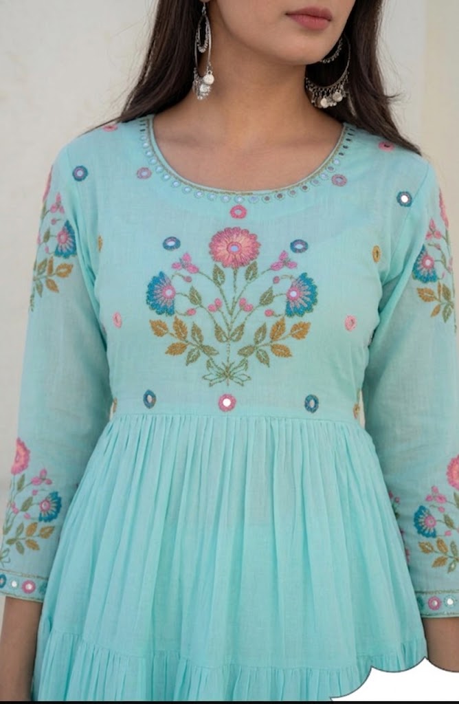 Sky Blue Floral Tiered Anarkali Set
