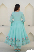 Sky Blue Floral Tiered Anarkali Set