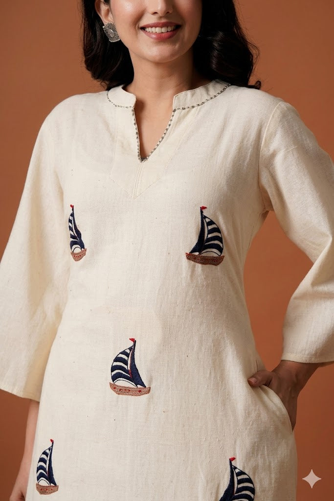 Cream Embroidered A-Line Kurti Set