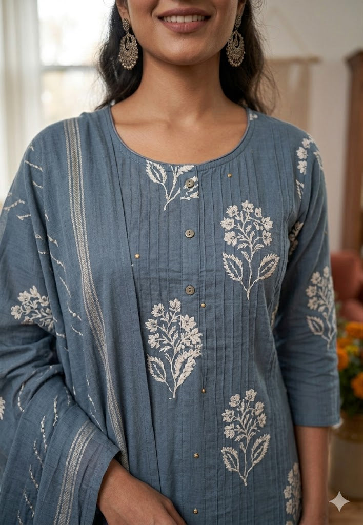 Slate Blue Pintuck Block Print Set