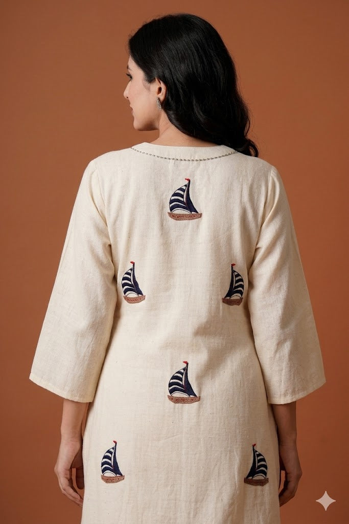 Cream Embroidered A-Line Kurti Set