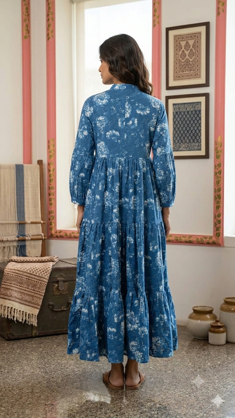 Dark Cocoa Blue A-Line Tunic Kurta with Embroidered V-Neckline