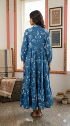 Dark Cocoa Blue A-Line Tunic Kurta with Embroidered V-Neckline