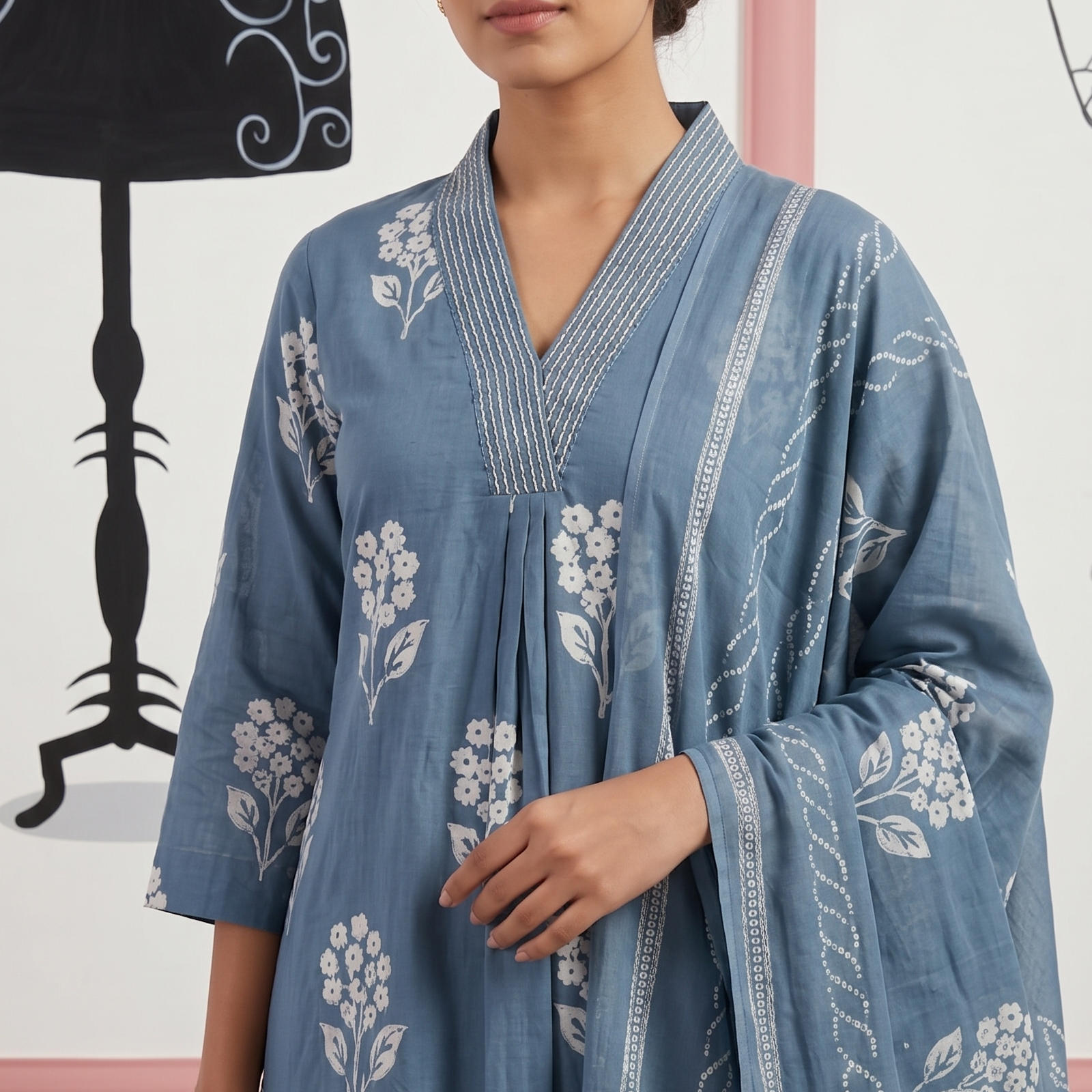 Powder Blue Floral Block-Print V-Neck Kurta Set