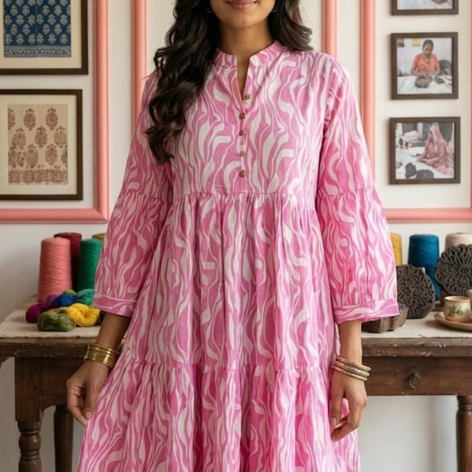 Candy Pink and White Zebra-Abstract Tiered Anarkali Dress