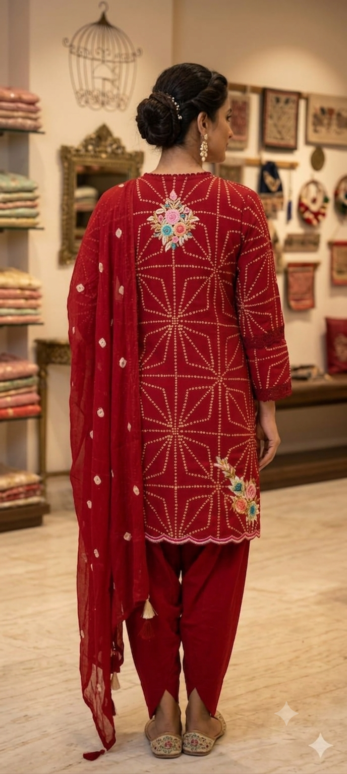 Crimson Red Bandhani-Print Straight Kurta