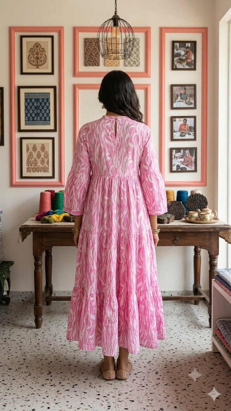 Candy Pink and White Zebra-Abstract Tiered Anarkali Dress