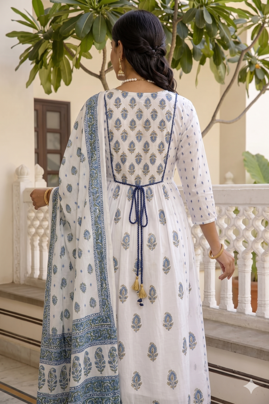 White & Indigo Blue Floral Block-Print Tiered Anarkali Kurta Set