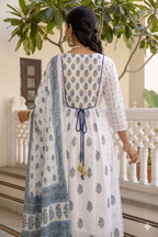 White & Indigo Blue Floral Block-Print Tiered Anarkali Kurta Set
