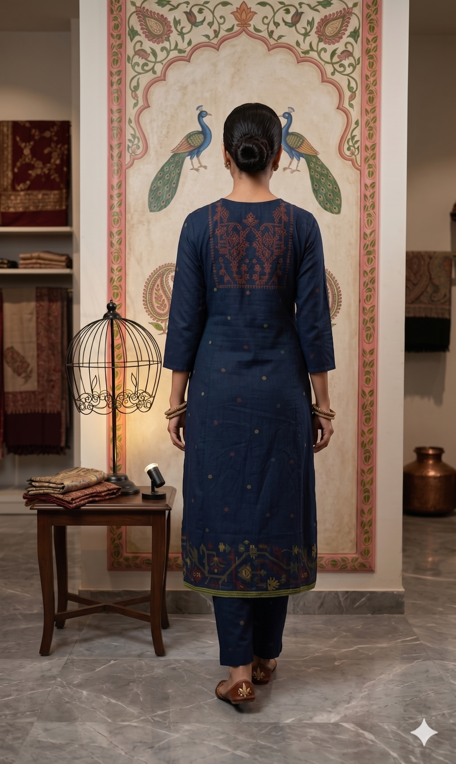 Indigo Navy Blue Embroidered Cotton-Linen Kurta Set