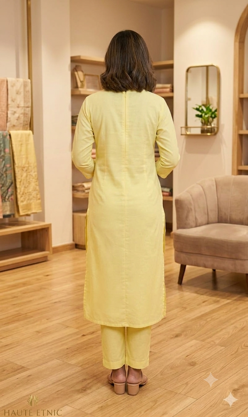 Pastel Lemon Yellow Chikankari Hakoba Straight Kurta