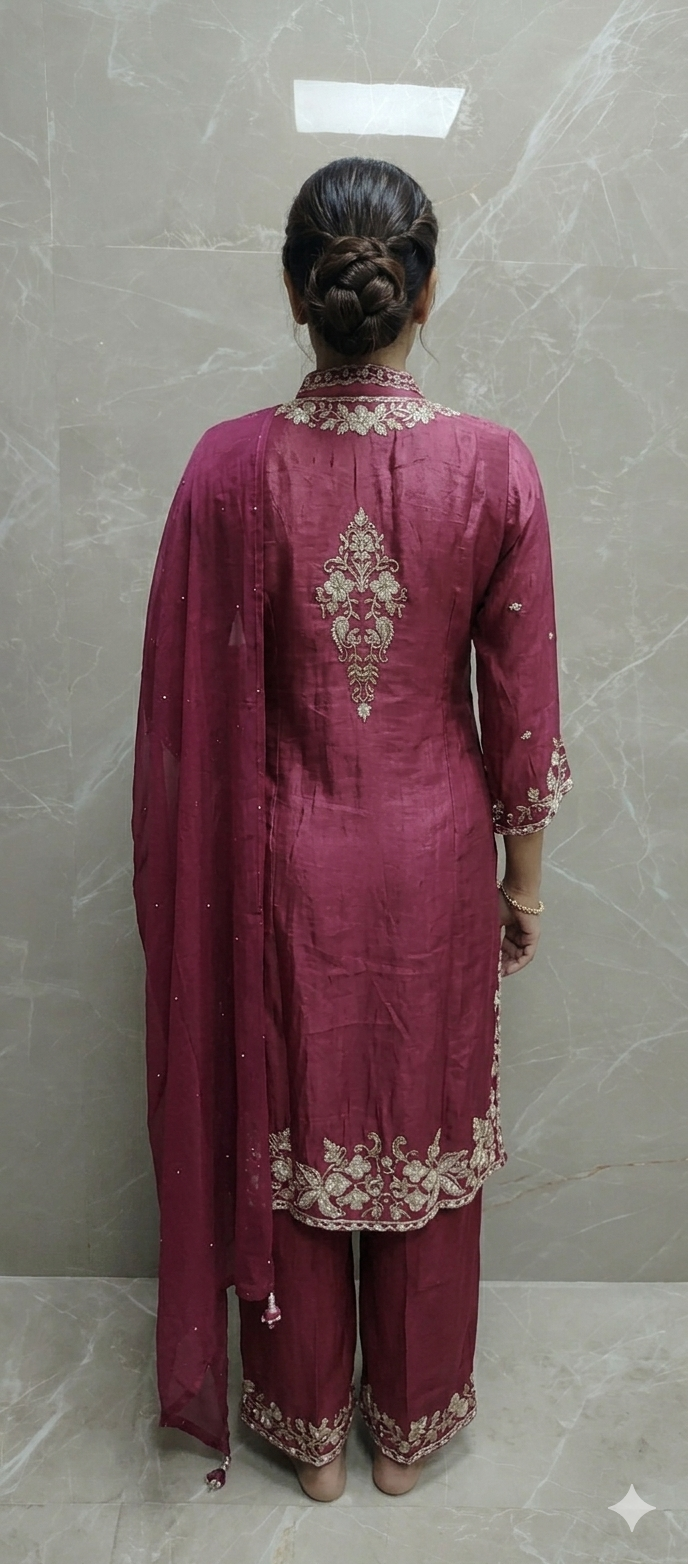 Elegant Floral Embroidered Silk Kurta Sharara Set