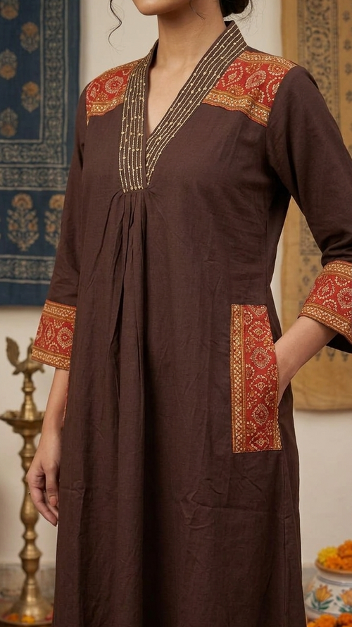 Deep Chocolate Brown A-Line Pocketed Kurta with Hand-Embroidery