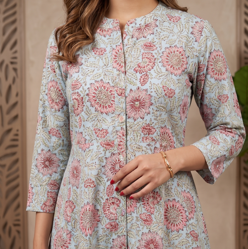 Pastel Mint Green & Pink Floral Floor-Length Anarkali Kurta