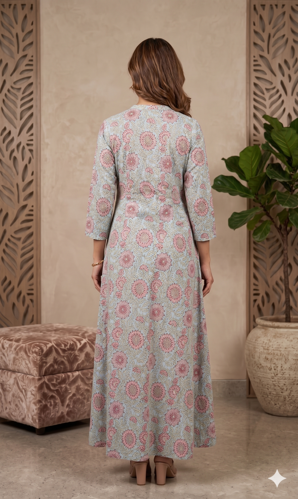 Pastel Mint Green & Pink Floral Floor-Length Anarkali Kurta