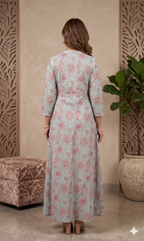 Pastel Mint Green & Pink Floral Floor-Length Anarkali Kurta