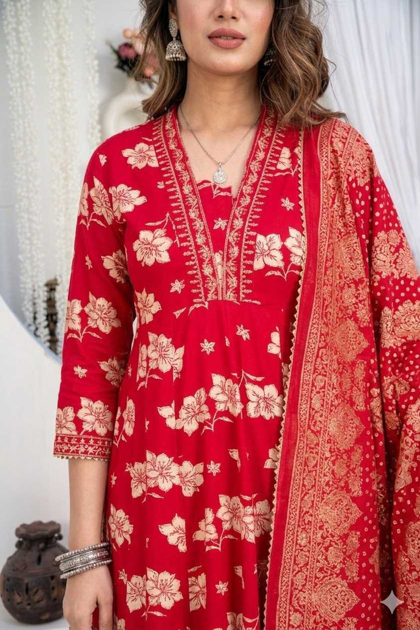 Festive Red Floral Print Anarkali Kurta Palazzo Set