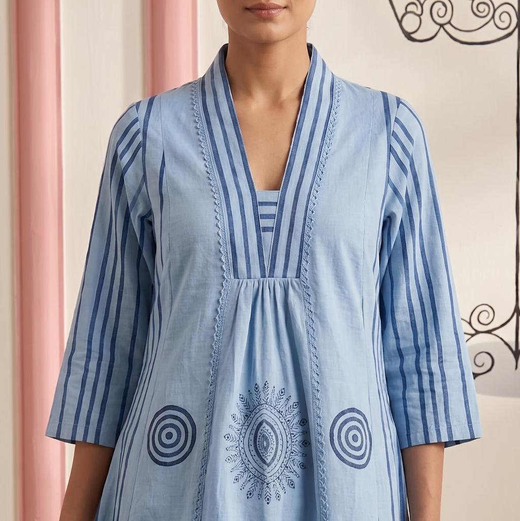 Powder Blue Geometric Mandala & Striped A-Line Kurta Set