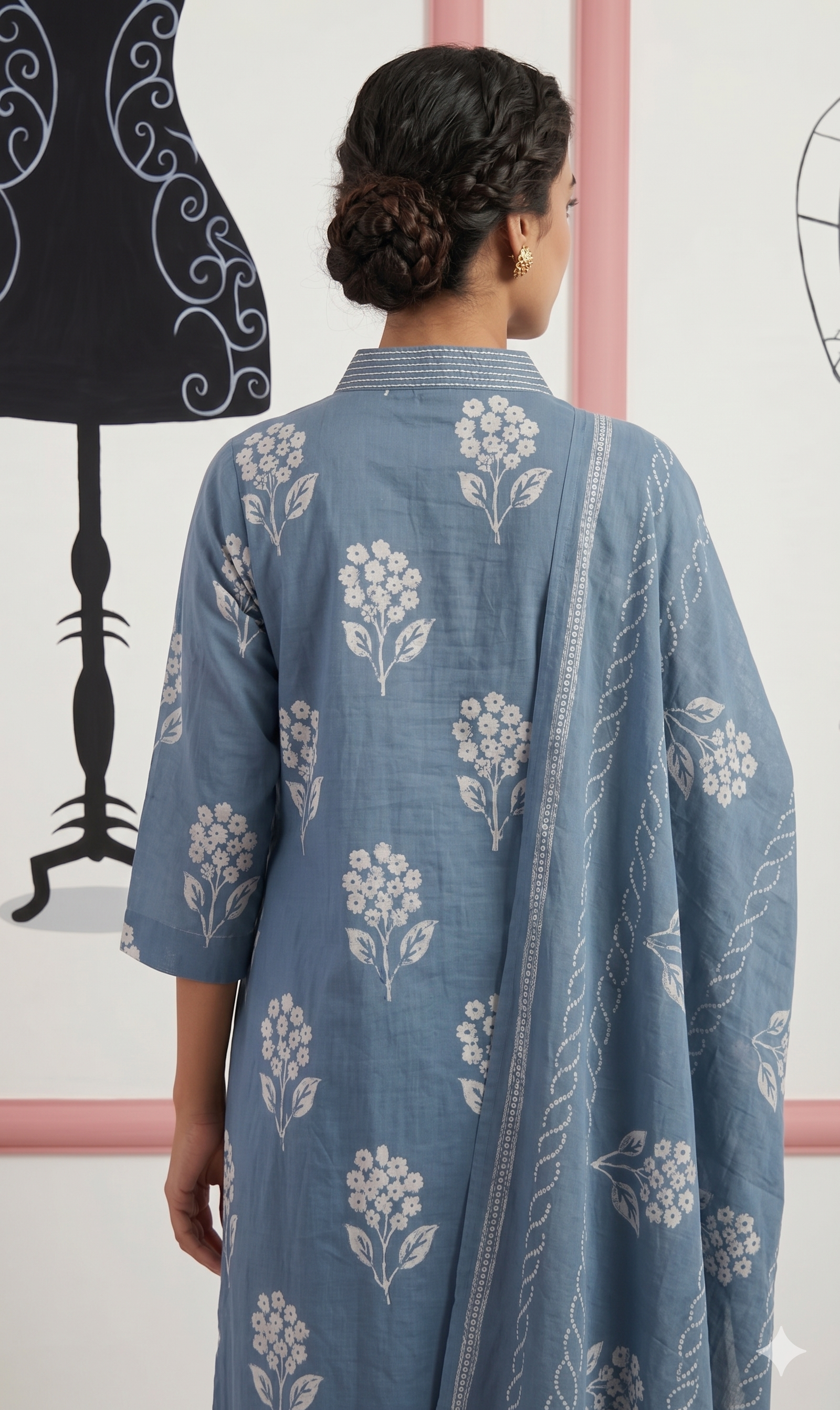 Powder Blue Floral Block-Print V-Neck Kurta Set