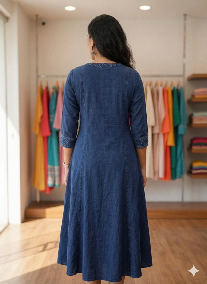 Indigo Blue Denim-Look Paneled Anarkali Kurta – SKAVISH INDIA