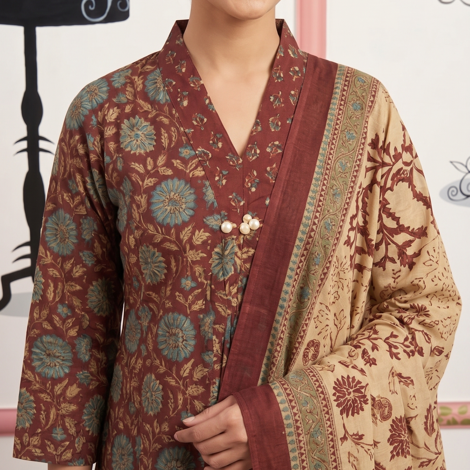 Rust Maroon Floral Kalamkari Kurta Set