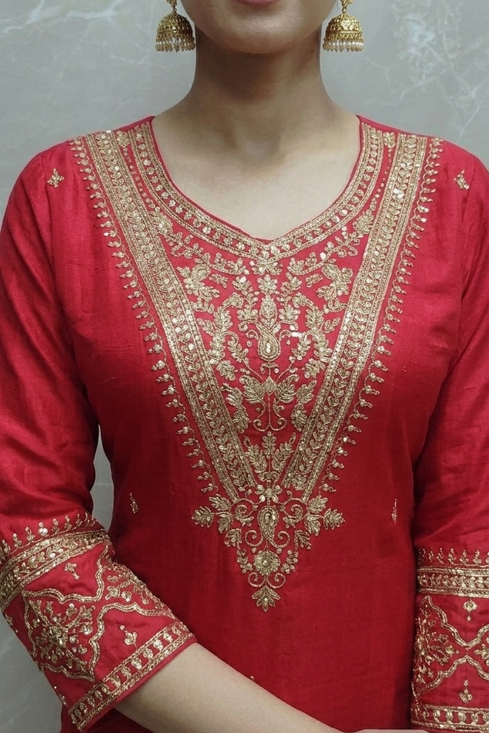 Hand-Crafted Red Silk Kurta Set with Intricate Gold Embroidery