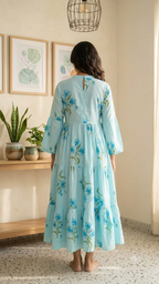 Powder Blue Floral-Print Tiered Anarkali Dress