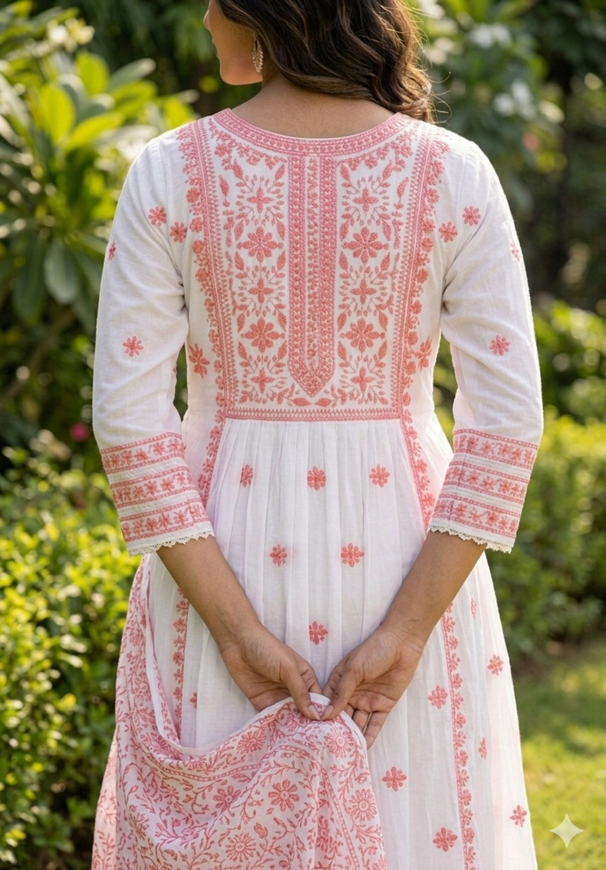 Ivory & Pink Floral Embroidered Anarkali Kurta Set