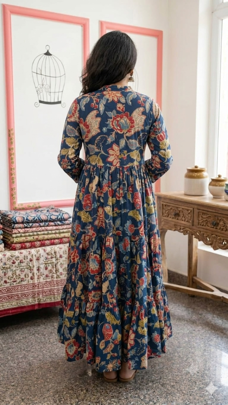 Indigo Blue Kalamkari Floral-Print Tiered Anarkali Dress