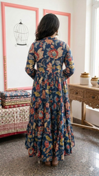 Indigo Blue Kalamkari Floral-Print Tiered Anarkali Dress
