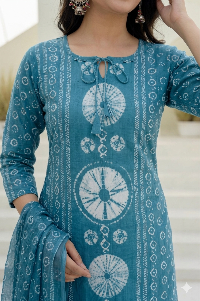 Indigo Blue Grey Tie-Dye and Shibori Print Straight Kurta Pant Set