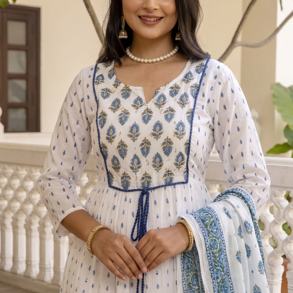 White & Indigo Blue Floral Block-Print Tiered Anarkali Kurta Set