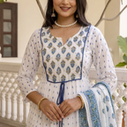 White & Indigo Blue Floral Block-Print Tiered Anarkali Kurta Set