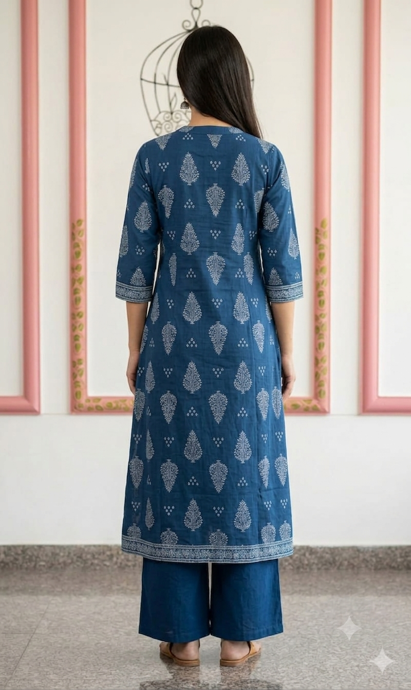 Indigo Blue Block-Printed Straight Kurta