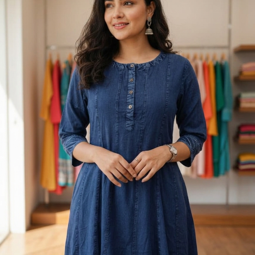 Indigo Blue Denim-Look Paneled Anarkali Kurta