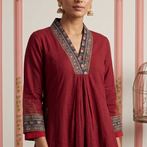 Crimson Maroon V-Neck A-Line Kurta Set