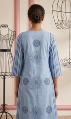 Powder Blue Geometric Mandala & Striped A-Line Kurta Set
