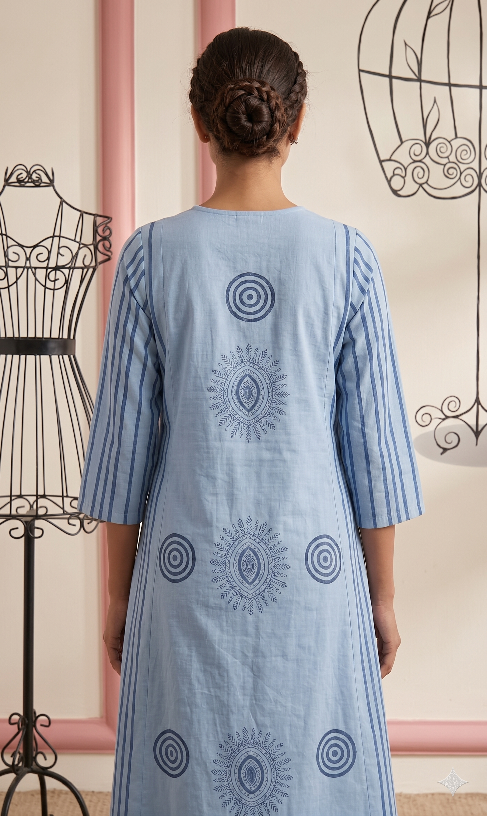 Powder Blue Geometric Mandala & Striped A-Line Kurta Set