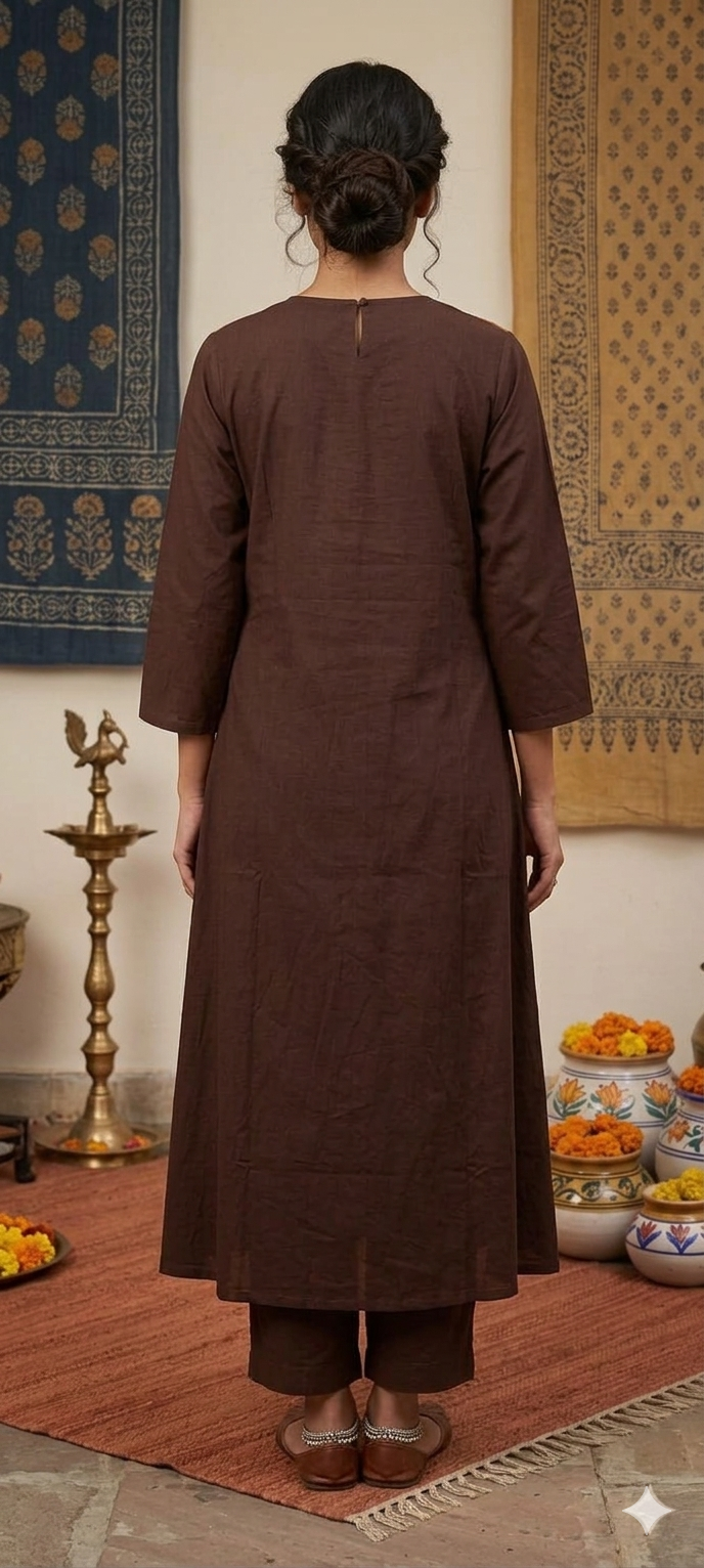Deep Chocolate Brown A-Line Pocketed Kurta with Hand-Embroidery
