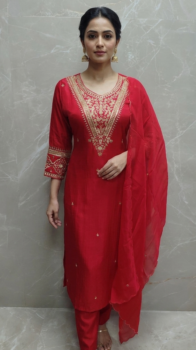 Hand-Crafted Red Silk Kurta Set with Intricate Gold Embroidery