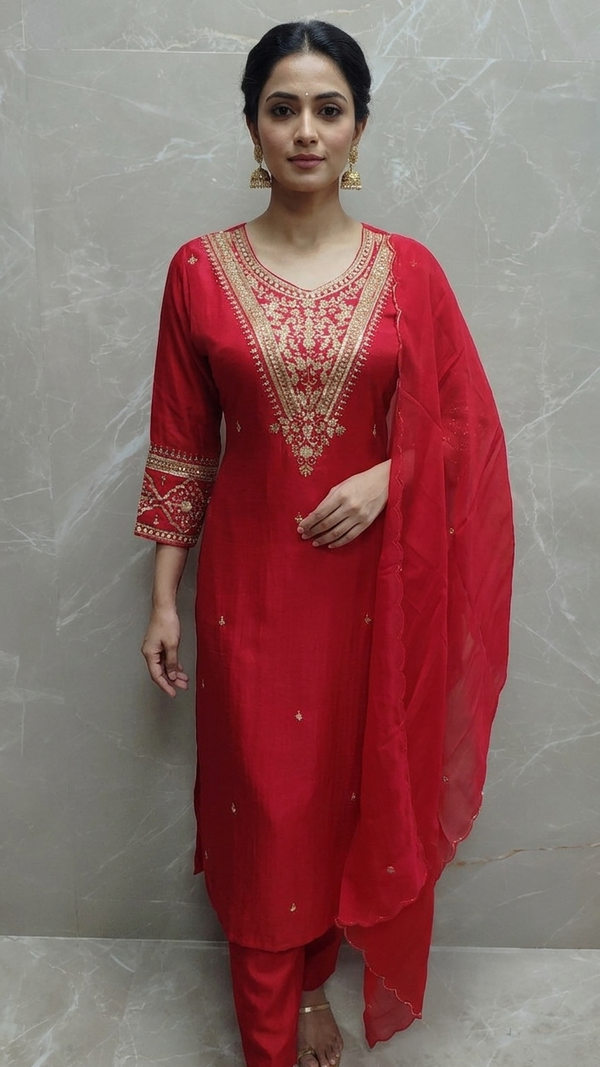 Hand-Crafted Red Silk Kurta Set with Intricate Gold Embroidery