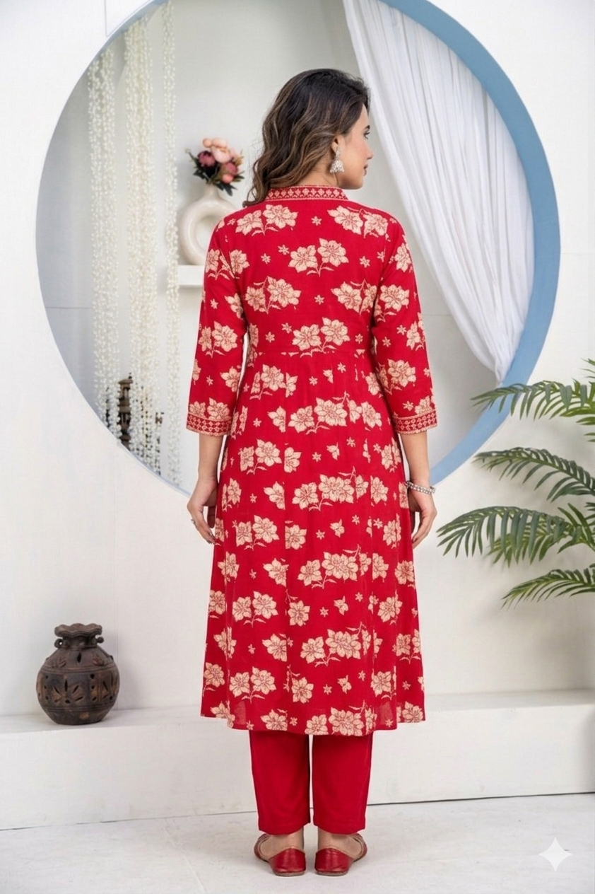 Festive Red Floral Print Anarkali Kurta Palazzo Set