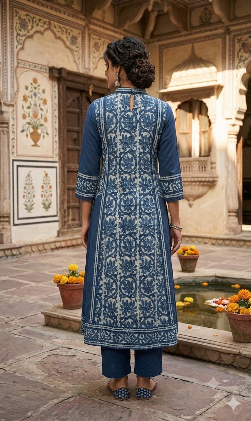 Indigo Blue Panel-Printed Anarkali Kurta with Angrakha-Style