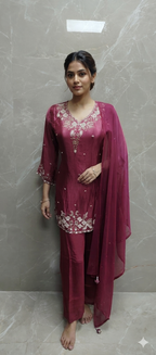 Elegant Floral Embroidered Silk Kurta Sharara Set
