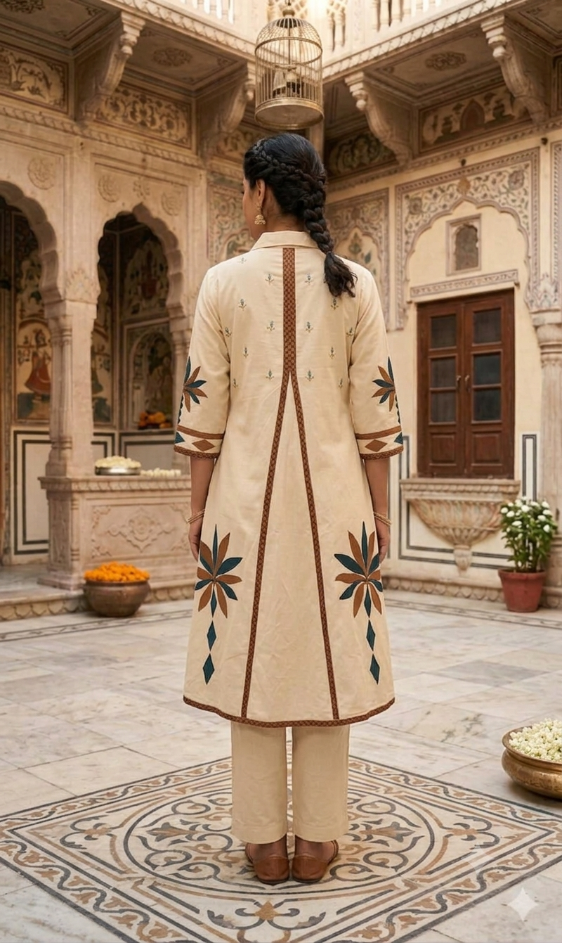 Cream Beige Collared A-Line Kurta