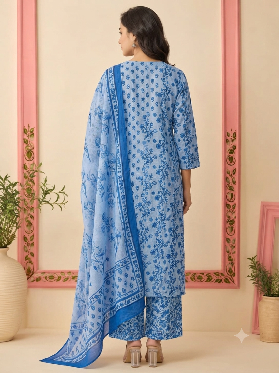 Sky Blue Floral Jaal Print Straight Kurta