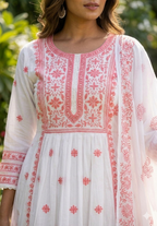 Ivory & Pink Floral Embroidered Anarkali Kurta Set