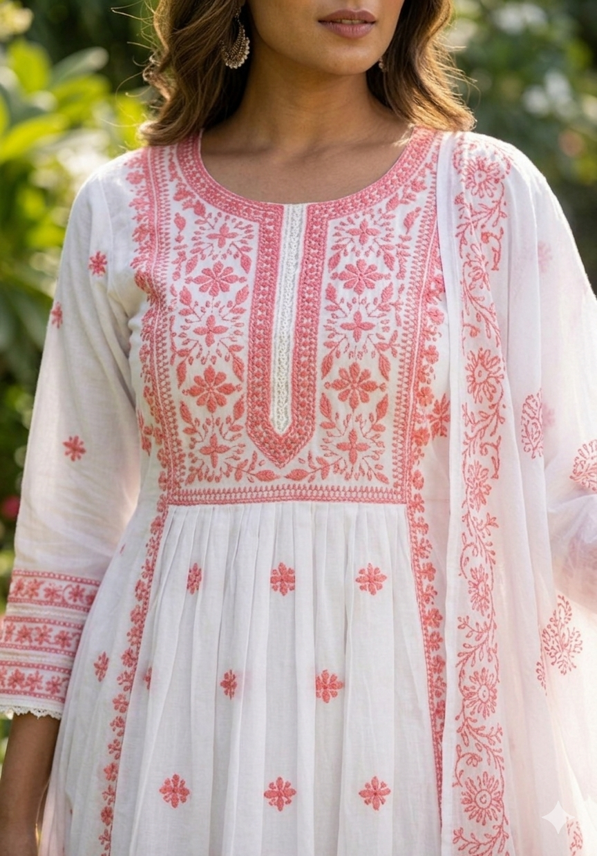 Ivory & Pink Floral Embroidered Anarkali Kurta Set