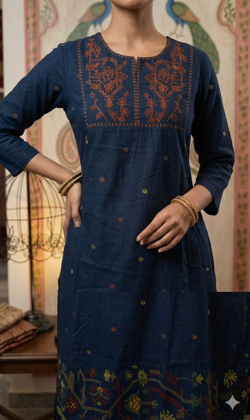 Indigo Navy Blue Embroidered Cotton-Linen Kurta Set